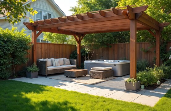 Paved patio with outdoor seating area, small garden near wooden fence. Lounge sofa set, hot tub. Backyard design, home exterior. Relaxation spot in courtyard at house.