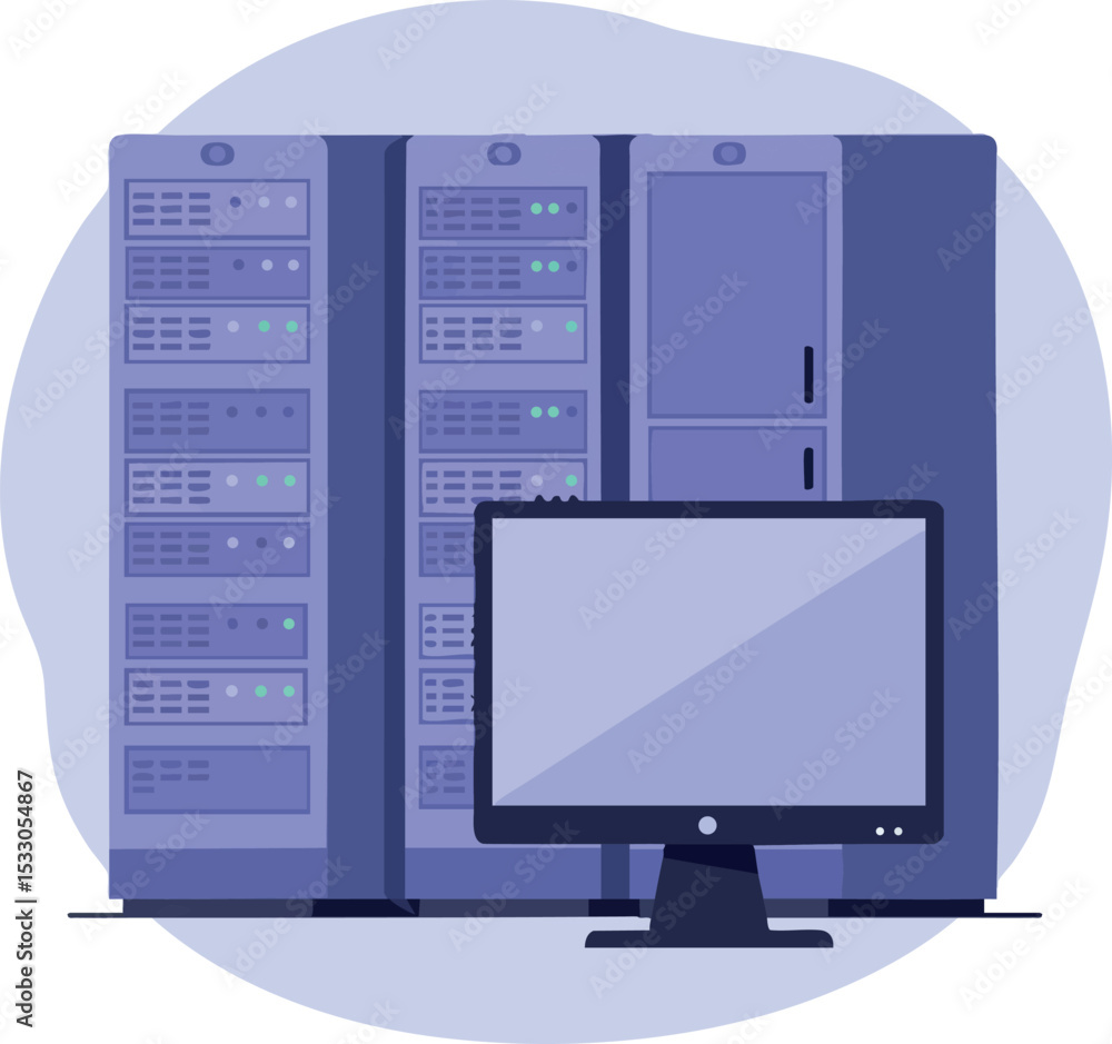 Poster server racks with computer monitor technology data center room equipment vector illustration