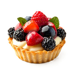 Mini fruit tart custard and berries isolated on clean white background gourmet dessert idea for bakery promotions and food photography