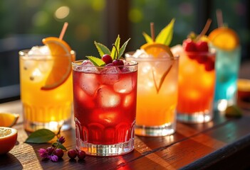 Fototapeta premium vibrant seasonal cocktails colorful garnishes refreshing ice cubes bright flavors spring summer autumn winter, drink, beverage, lemon, fruit, herb, mint