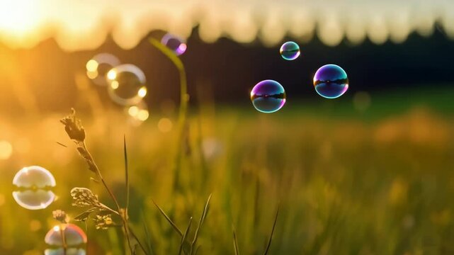Bubbles float above green meadow at sunset, illuminated by bright sunlight and creating a magical atmosphere in nature