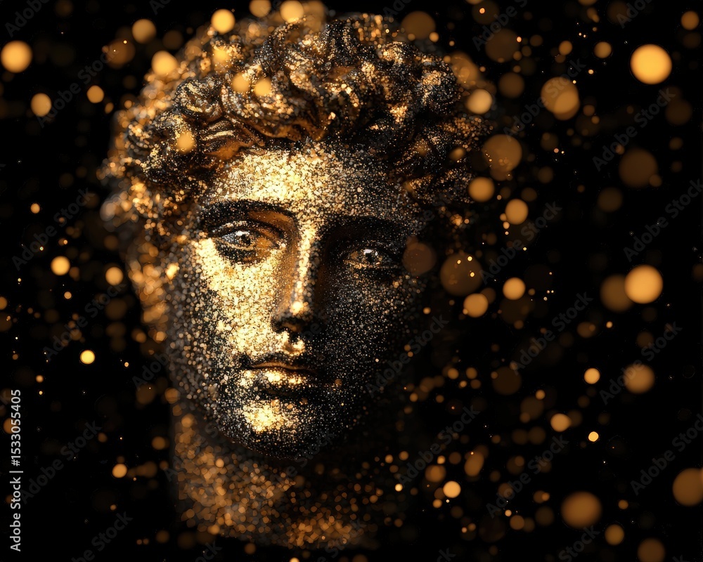 Poster a classical sculpture bust illuminated by shimmering golden particles against a dark background, cre