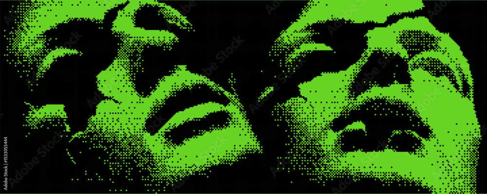 Poster faces merging in digital art with vibrant green and black contrast showcasing emotion and expression