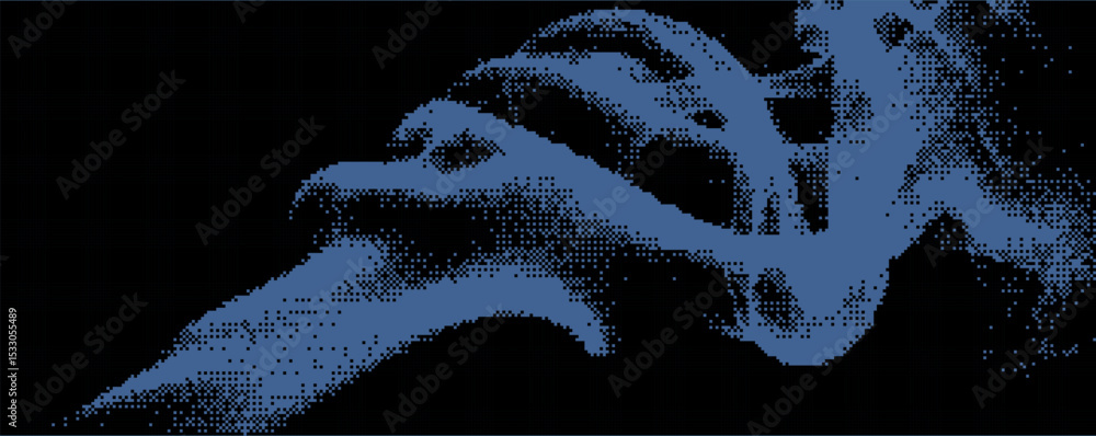 Poster abstract depiction of a swirling blue wave-like form on a black background with intricate patterns a