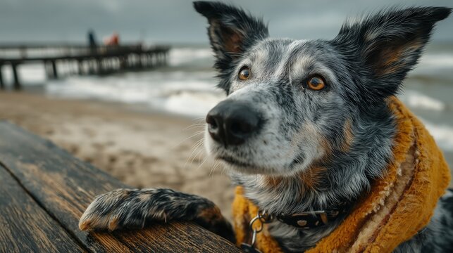 Playful dog enjoys a seaside retreat at sunset while waves crash against the shore and the scenic pier creates a backdrop