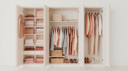Organized closet displaying stylish clothing and neatly folded linens in soft pastel colors