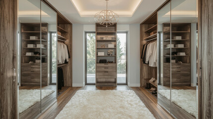 Elegant modern closet design featuring spacious organization and stylish decor in a bright residential space