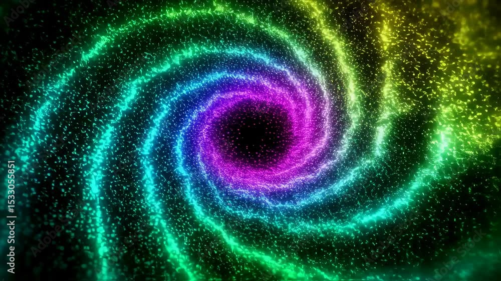 Poster colorful glitter particle abstract spinning swirl loop. rainbow bright magic shimmer bokeh with spar