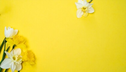 Fototapeta premium White and yellow spring flowers on yellow background