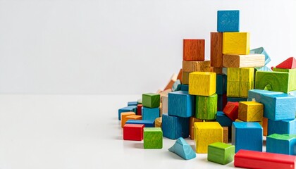 White background, white space in the center of picture. A pile of colorful blocks