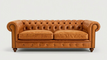 Elegant leather sofa with tufted design in a warm tan color for a cozy living room setting