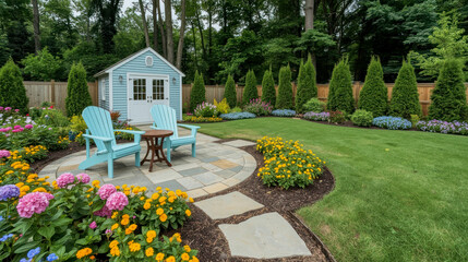 Beautiful garden with vibrant flowers and a cozy shed in a serene backyard setting during daylight hours
