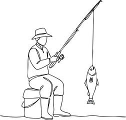 Fisherman catching fish with fishing rod sitting on bucket line art vector illustration 