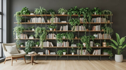 Lush greenery and books complement a modern living space with vibrant shelves in a cozy room