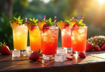 Fototapeta premium vibrant summer cocktails fresh fruit garnishes colorful drink delights refreshing mixology tropical vibrancy, citrus, beverage, ice, fizzle, spirits, glass