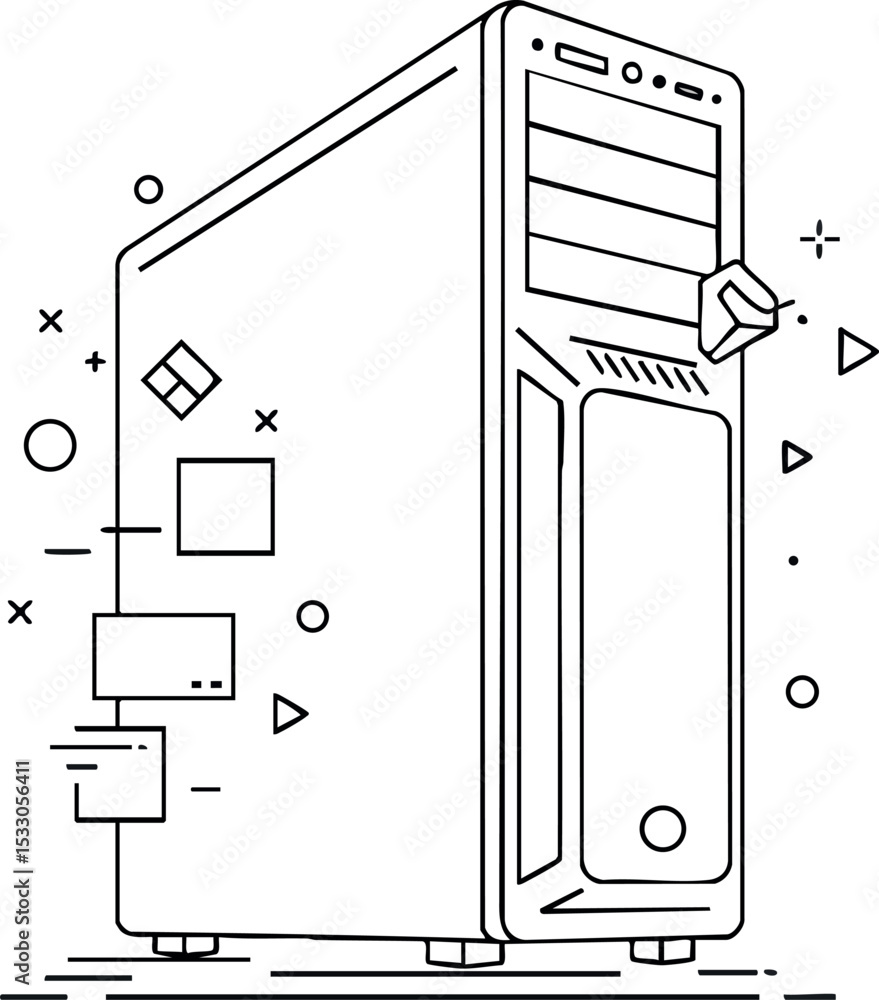 Aufkleber computer desktop tower with abstract geometric elements vector illustration