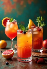 Fototapeta premium vibrant textured backgrounds colorful craft cocktails artistic presentation culinary delight, drink, textures, ice, glass, fruit, herb, foam, bar, beverage