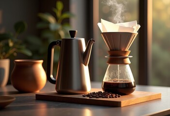 stylish pour over coffee brewing setup elegant equipment artisan preparations coffee culture home barista, kettle, mug, cup, grounds, filter, design