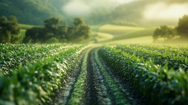 Lush green corn rows stretch through rolling hills as soft morning mist drifts across the fertile landscape. A peaceful farming scene captured in a dreamy tilt-shift perspective.