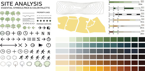 landscape architecture site analysis symbol icon element drawing graphic flat isolated vector. urban design element drawing