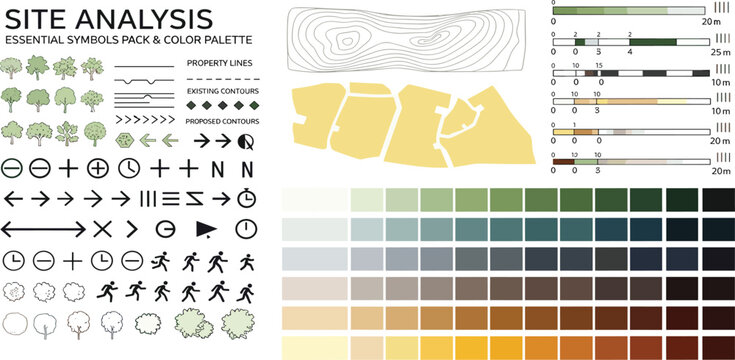 landscape architecture site analysis symbol icon element drawing graphic flat isolated vector. urban design element drawing