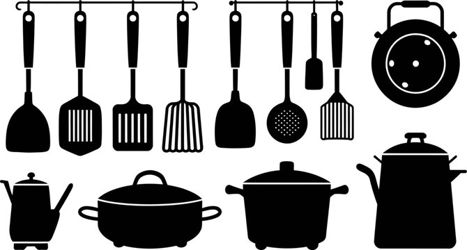 Silhouette illustration of kitchen utensils including pots pans and hanging cooking tools arrayed nicely