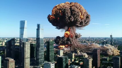 aerial view on modern city with massive explosion in shape of nuclear mushroom rising. circular wave expands from center of town. atomic weapon, third world war. - Powered by Adobe