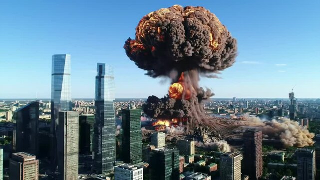 aerial view on modern city with massive explosion in shape of nuclear mushroom rising. circular wave expands from center of town. atomic weapon, third world war.