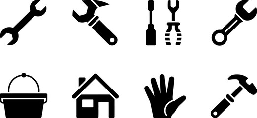 Obraz premium A collection of black and white icons featuring tools, a house, a bucket, and a hand icon