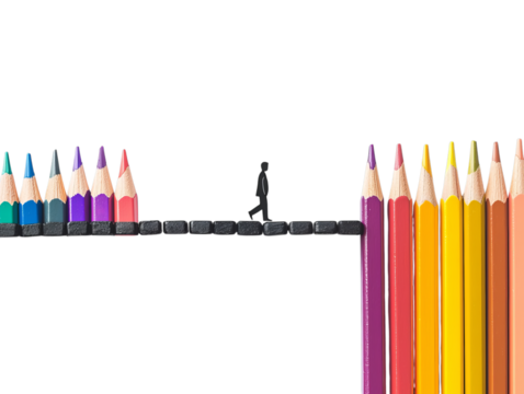 A small figure walks on a bridge made of black blocks, flanked by colorful pencils in vibrant shades.