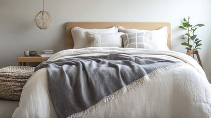Cozy and Elegant Bed Setup with Soft Textiles in Minimalist Bedroom for Relaxation and Comfort