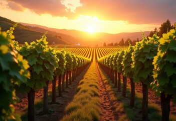 Fototapeta premium vibrant vineyard rows sunlit sunset scenery grapes nature landscape dreamy colors agricultural beauty, agriculture, field, light, sky, clouds, rural