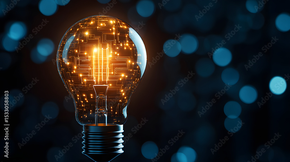 Poster a glowing lightbulb with an illuminated circuit pattern inside, symbolizing innovation and technolog