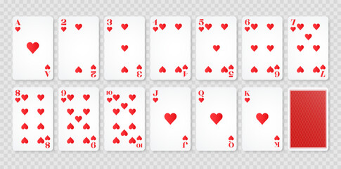Playing cards suit of hearts. Set of poker playing cards. Vector illustration