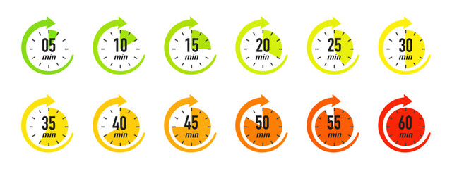 Timer, clock stopwatch icon set with 5 minutes gap. 5, 10, 15, 20, 25, 30, 35, 40, 45, 50, 55, and 60 minutes. Countdown timer vector illustration