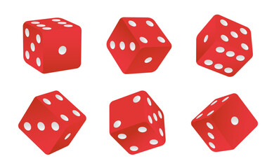 Rolling dice. Red cubes with white dots for gamble game, top view dice sides and 3D angles. Realistic vector craps. Dice cube play illustration