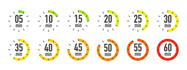 Timer, clock stopwatch icon set with 5 minutes gap. 5, 10, 15, 20, 25, 30, 35, 40, 45, 50, 55, and 60 minutes. Countdown timer vector illustration