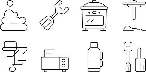 Outlined icons depicting various objects including tools kitchenware and cleaning supplies items set