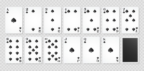 Playing cards spades suit and back. Set of poker playing cards. Vector illustration