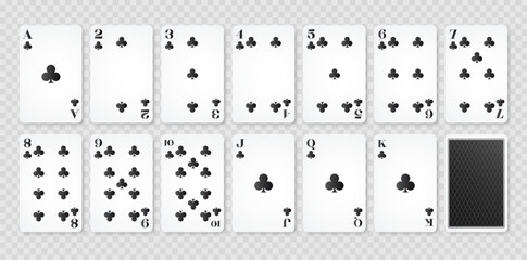 Playing cards clubs suit and back. Set of poker playing cards. Vector illustration