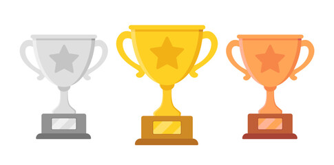 Trophy cup vector icon set. Gold silver and bronze award with star shape in flat style for competition. Winner symbol illustration