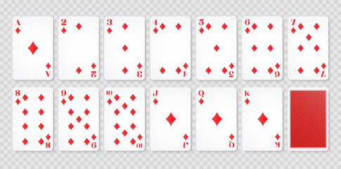 Playing cards diamond suit and back. Set of poker playing cards. Vector illustration