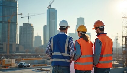 Construction workers review building site plans. Three professionals, wearing safety vests, helmets, discuss project progress. Modern cityscape, cranes visible in background. Teamwork for urban