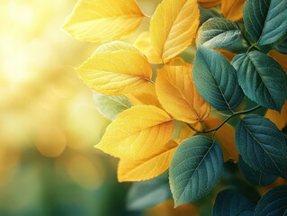 Leaves in Transition from Green to Gold — Close-Up Foliage Study with Autumnal Light and Bokeh
