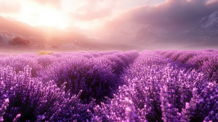 Lavender Field at Golden Hour with Misty Mountains — Dreamy Floral Landscape for Travel, Wellness, and Editorial Projects