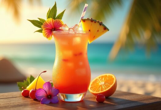 exotic tropical cocktail glass vibrant colorful garnish fresh fruits tropical drink refreshing beverage, smoothie, bar, ice, lemon, lime, orange, pineapple