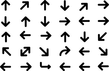 Array of black arrows pointing in various directions arranged in a grid pattern on white