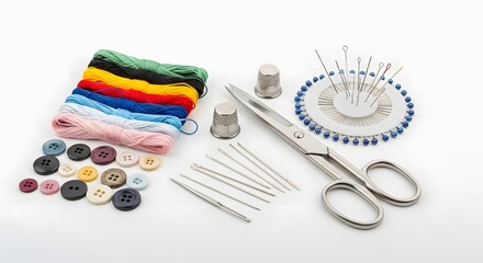 Sewing kit with colorful threads, buttons, needles, scissors and thimbles for sewing and crafting projects