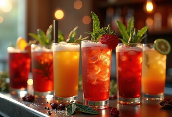 festive cocktail mixology colorful garnishes spices decorated drinks holiday celebration vivid flavors vibrant presentation, beverage, spirits, tequila, rum