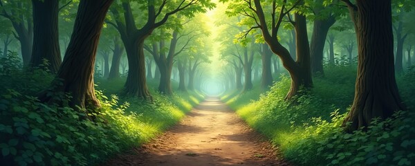 Obraz premium Forest path winds through dense green foliage. Trail leads through the woodland, sunshine lights pathway, trees create path tunnel. Hike travel, nature, travel concept.
